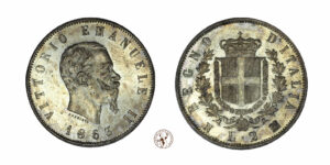 Regno d'Italia, Vittorio Emanuele II : 2 Lire 1863 "Stemma" Napoli Ag qFDC