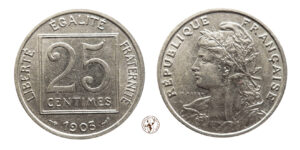 Francia, Terza Repubblica: 25 Centesimi 1903 "Patey/Quadrato" Nickel SPL